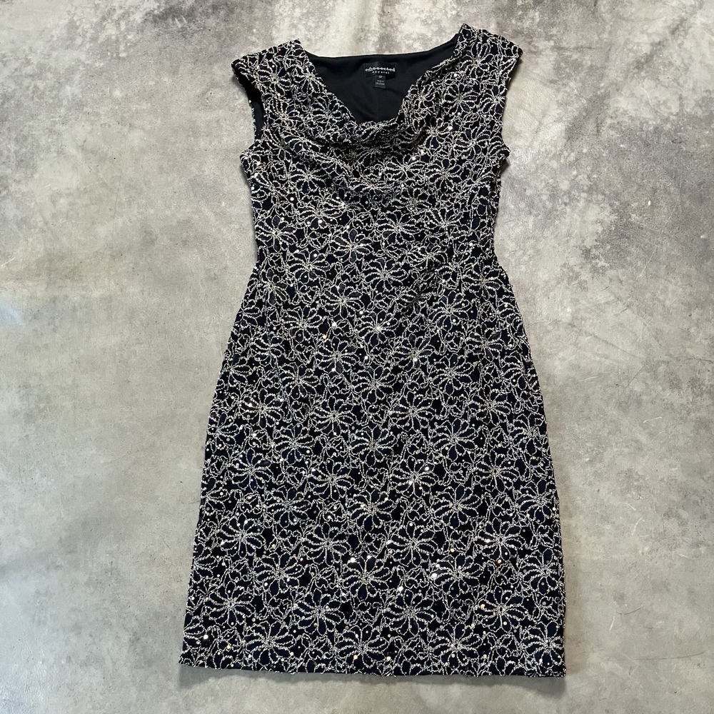 Connected Apparel Sparkly Floral Dress Womens 6P Black Silver Cowl Neck Bodycon